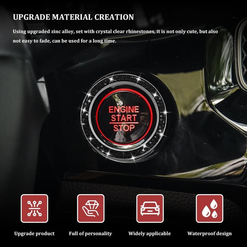 Tecledsn Car Bling Crystal Rhinestone Engine Start Decoration Ring, Sparkling Push Start Button Sticker, Key Ignition & Knob Ring Decoration, Bling Car Interior Accessories for Women (Black) - Image 3